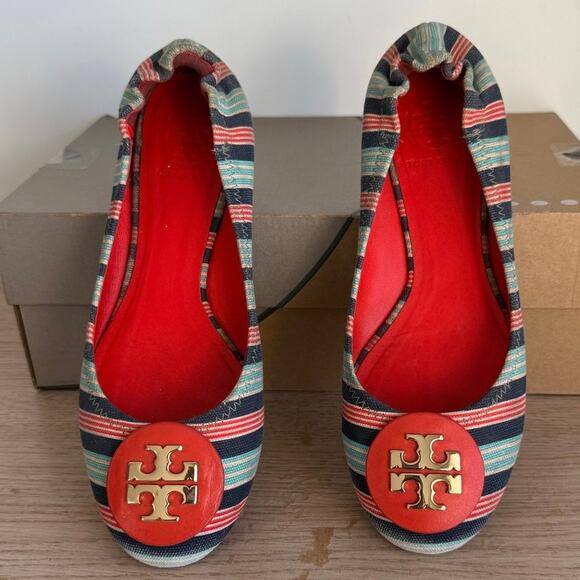 TORY BURCH Reva Printed Canvas Bauer Striped Ballet Flats-Women 7.5 - Picture 1 of 11